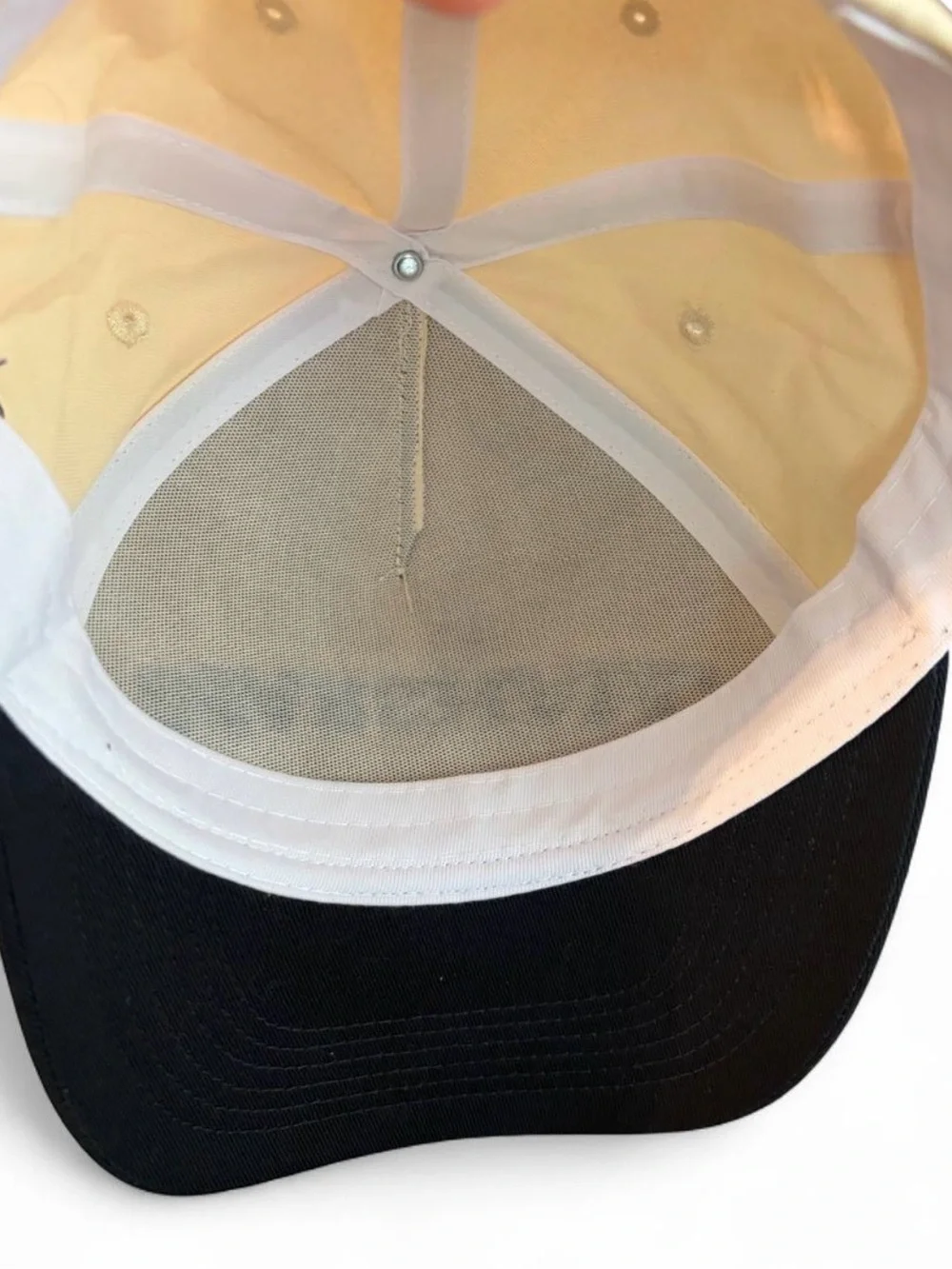 Marshall upside-down logo snapback hat cream + navy blue two tone baseball cap